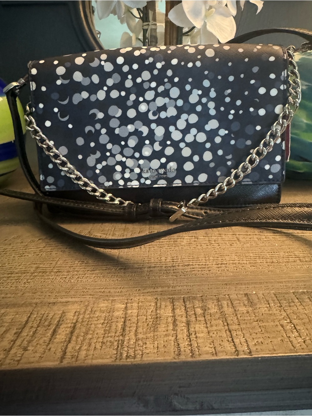 NWT kate spade Black and White Polka Dot Chain Detail & Crossbody Strap